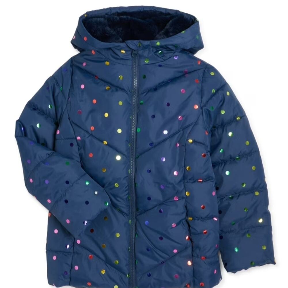 Swiss Tech Navy Puffer/ Fur Jacket with Metallic Colorful Dots Sz. 14/16